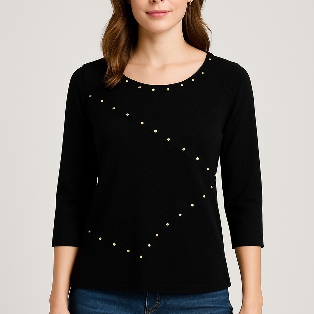 By Design Black Sweater Top Petite Large Gold Studded Embellished 3/4 Sleeve
